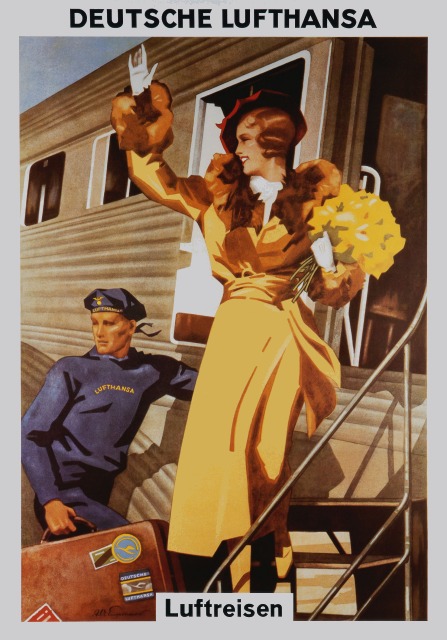 Plakat: Frau mit gelbem Mantel steigt in ein Flugzeug ein und winkt zurück.