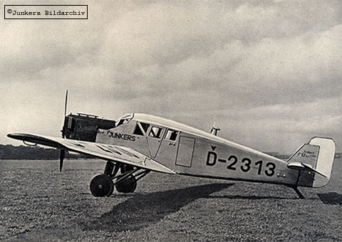 Ein kleines, einmotoriges Flugzeug (Junkers F 13) auf einer Wiese.