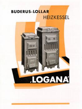 Werbemotiv: zwei Schwarze Öfen vor orange–farbenen Hintergrundstreifen.