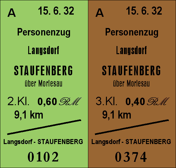 Faksimile zweier Fahrkarten von Langsdorf nach Staufenberg, eine grün, eine braun.