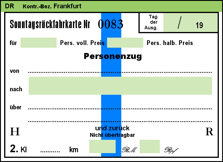 Faksimile: Sonntags–Rückfahrkarte aus der Zeit der Deutsche Reichsbahn.