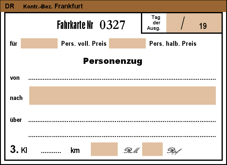 Blanko–Fahrschein dritter Klasse der Reichsbahn (braun–weiß).