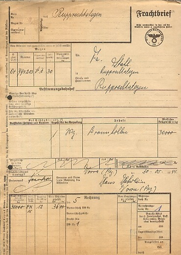 Frachtbrief von 1944 über 30 Tonnen Braunkohle.