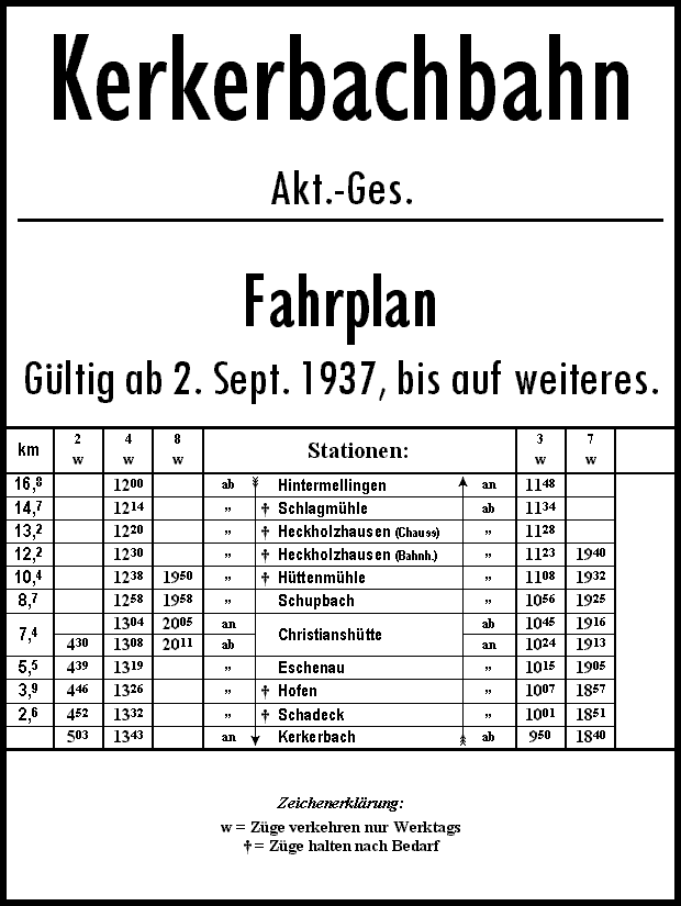 Nachgezeichneter Fahrplan der Kerkerbahnbahn.