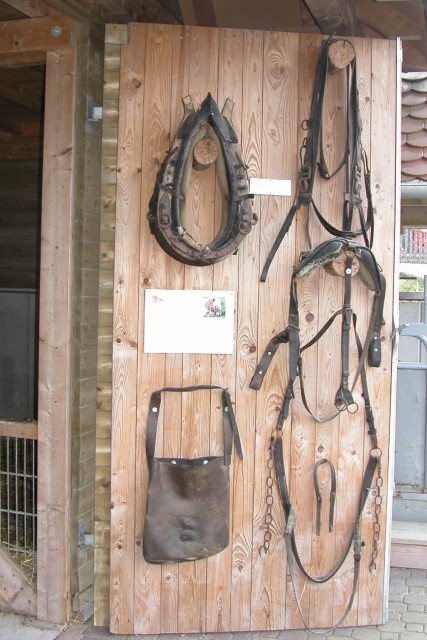 Alte Pferdegeschirre (Kummet) aus der Vorkriegszeit an einer Stalltür.