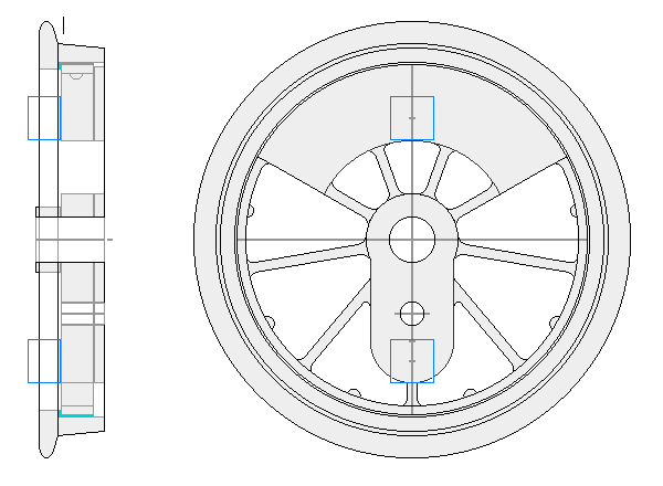 Zeichnung: das Rad einer Dampflok in Auf– und Seitenansicht im Schnitt.