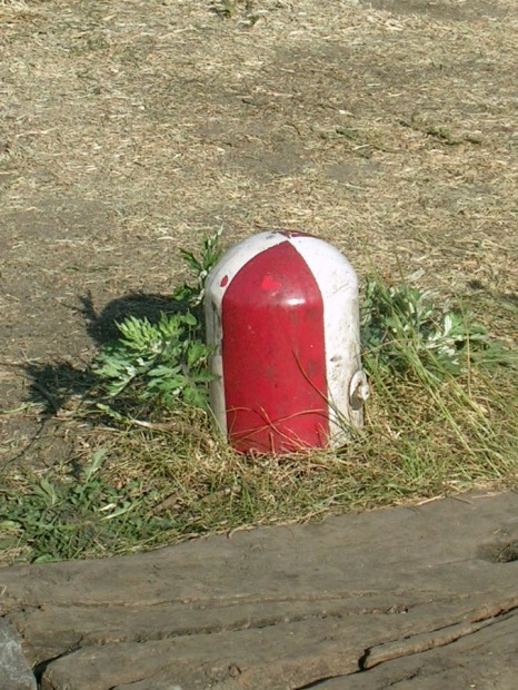 Das Weichengrenzzeichen: ein rot–weißer Blechhut auf einem Holzpflock im Gras.