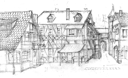 Bleistift–Zeichnung eines mittelalterlichen Städtchens mit Fachwerkhäusern.