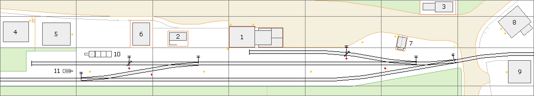 Gleisplan–Entwurf für einen Bahnhof mit vier Weichen und zwei Stumpfgleisen.