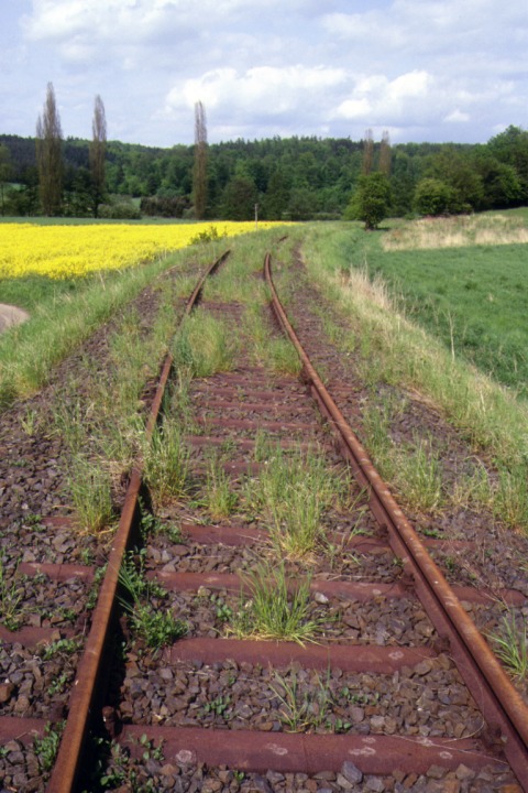 Eine verlassene Bahnlinie bei Lollar mit rostigen Schienen und Stahlschwellen.