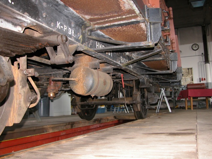 Rahmenlängsträger, Wagenkastenstützen und Aufbau–Unterseite an einem offenen Güterwagen.