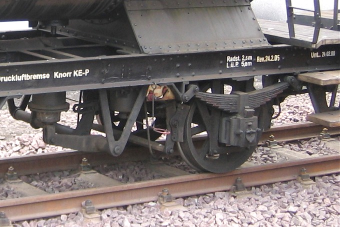 Detailfoto der Achslagerung an einem Kesselwagen (ex GHE).
