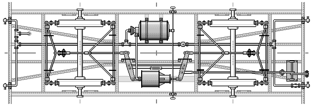 Zeichnung: zweiachsiger Eisenbahnwagen mit Druckluftbremse, von unten gesehen.