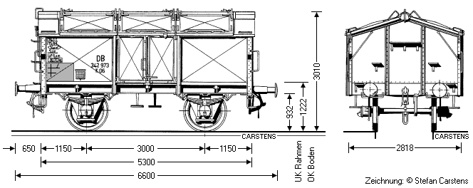 Zeichnung: Klappdeckelwagen K06 der Verbandsbauart mit Pressblech–Achshaltern.
