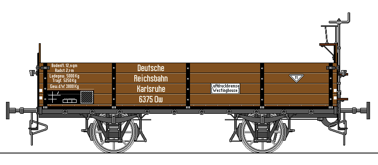 Zeichnung: offener, brauner Güterwagen von der Seite gesehen.